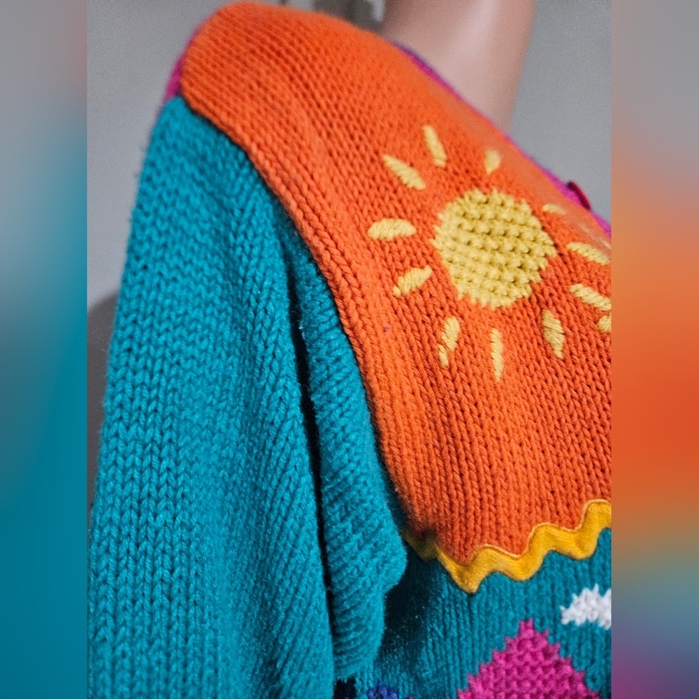 Vintage Hand Knit Beach Scene Cardigan – Statement Graphic Sweater. S/M - Picture 14 of 16